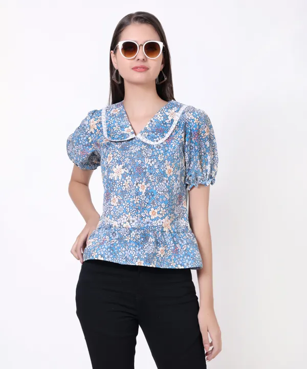 Blue_Floral_Puff_Sleeve_Peplum_Top_with_Peter_Pan_Collar