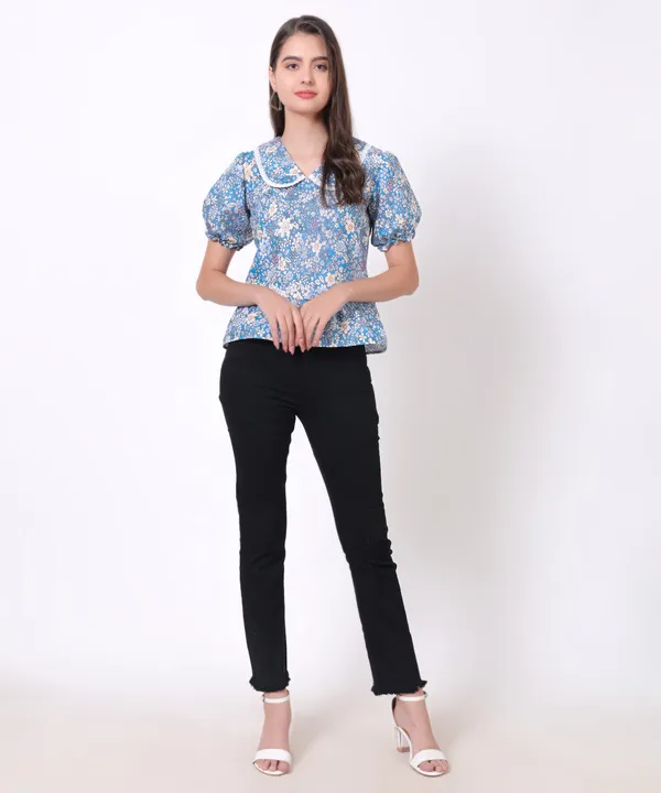 Blue_Floral_Puff_Sleeve_Peplum_Top_with_Peter_Pan_Collar
