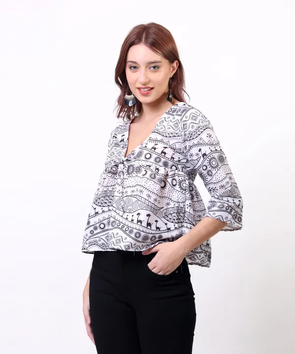 Black_And_White_Cotton_Slub_Doodle_Printed_Tie_Up_Empire_Waist_Top_For_Women