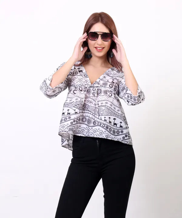Black_And_White_Cotton_Slub_Doodle_Printed_Tie_Up_Empire_Waist_Top_For_Women