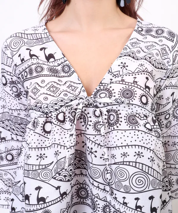 Black_And_White_Cotton_Slub_Doodle_Printed_Tie_Up_Empire_Waist_Top_For_Women