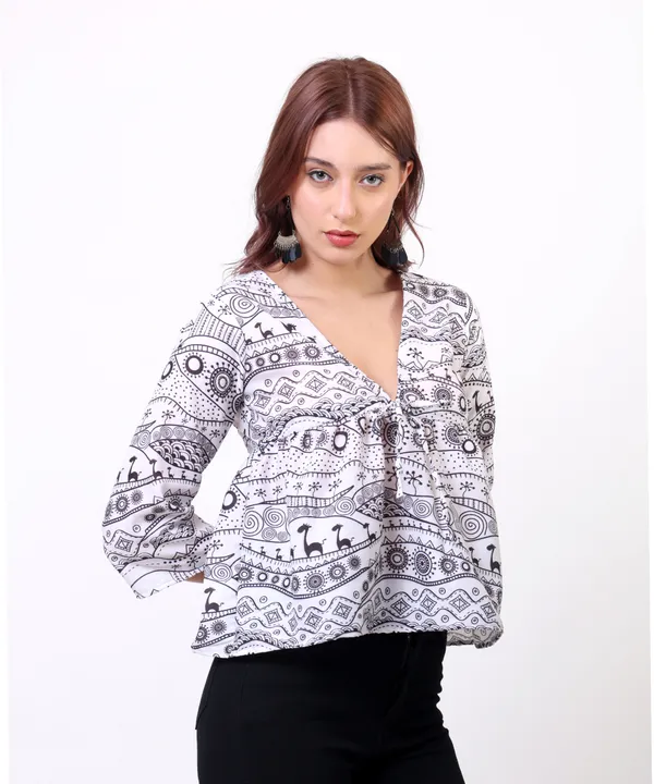Black_And_White_Cotton_Slub_Doodle_Printed_Tie_Up_Empire_Waist_Top_For_Women