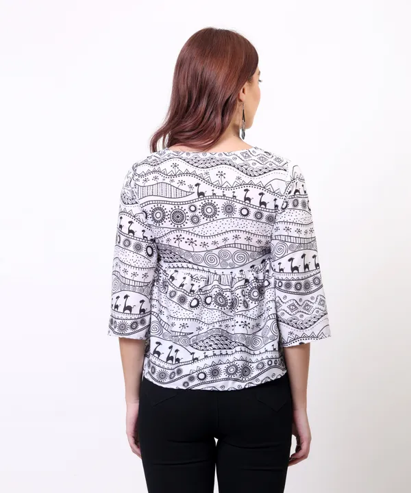 Black_And_White_Cotton_Slub_Doodle_Printed_Tie_Up_Empire_Waist_Top_For_Women