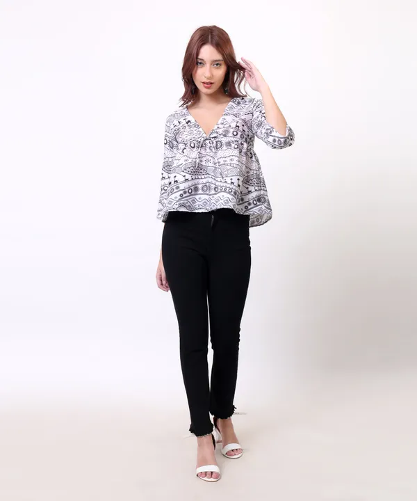 Black_And_White_Cotton_Slub_Doodle_Printed_Tie_Up_Empire_Waist_Top_For_Women