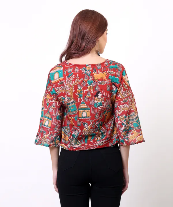 Red_Cotton_Slub_Kalamkari_Printed_V_Neck_Peplum_Top_For_Women