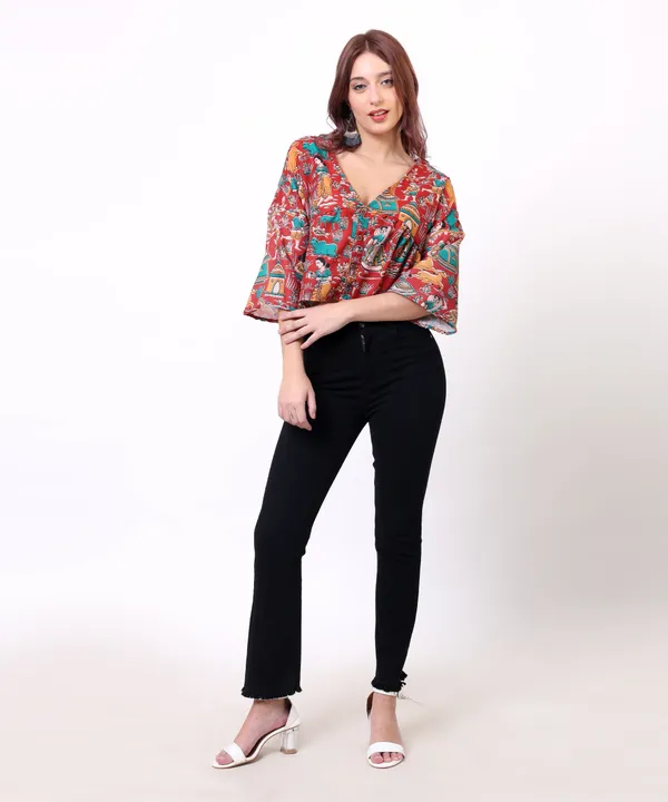 Red_Cotton_Slub_Kalamkari_Printed_V_Neck_Peplum_Top_For_Women