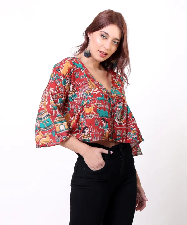 Red_Cotton_Slub_Kalamkari_Printed_V_Neck_Peplum_Top_For_Women