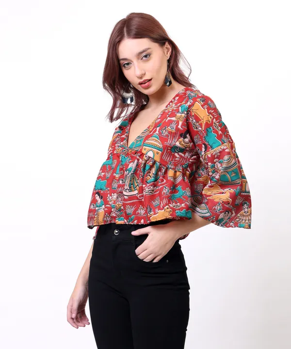 Red_Cotton_Slub_Kalamkari_Printed_V_Neck_Peplum_Top_For_Women