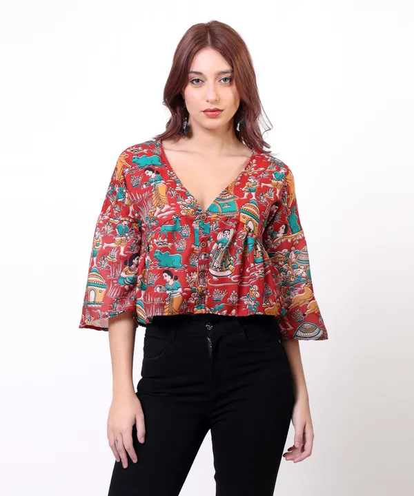 Red_Cotton_Slub_Kalamkari_Printed_V_Neck_Peplum_Top_For_Women