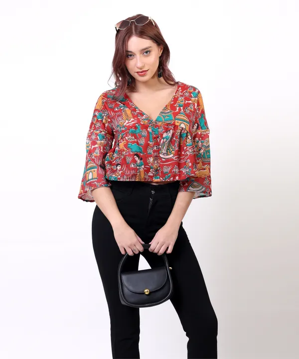 Red_Cotton_Slub_Kalamkari_Printed_V_Neck_Peplum_Top_For_Women