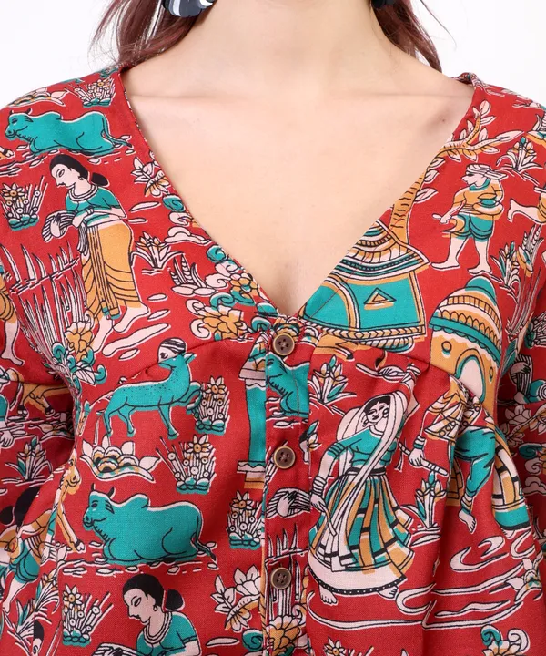 Red_Cotton_Slub_Kalamkari_Printed_V_Neck_Peplum_Top_For_Women