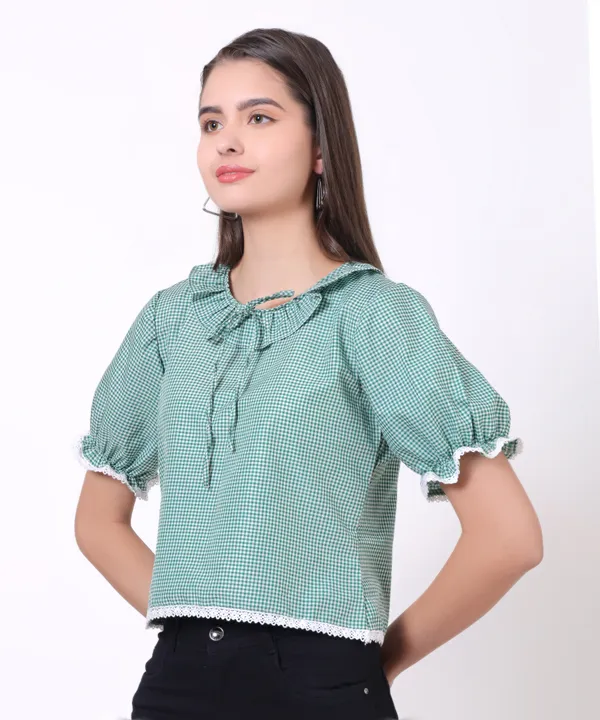 Fresh_Mint_Puff_Sleeve_Gingham_Top_With_Lace_Detailing