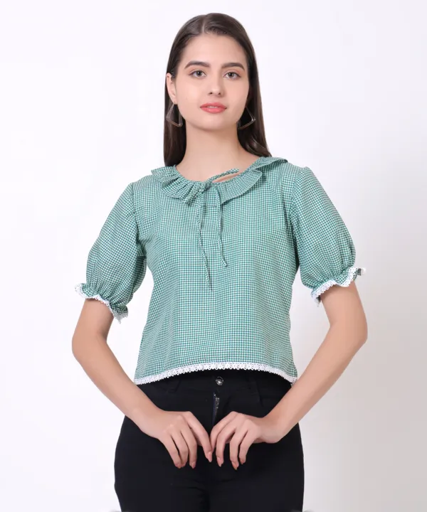 Fresh_Mint_Puff_Sleeve_Gingham_Top_With_Lace_Detailing