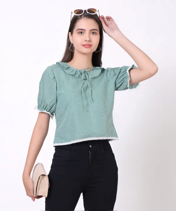 Fresh_Mint_Puff_Sleeve_Gingham_Top_With_Lace_Detailing