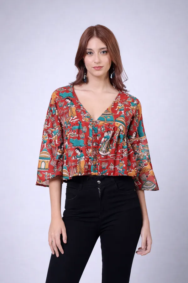 Red_Cotton_Slub_Kalamkari_Printed_V_Neck_Peplum_Top_For_Women