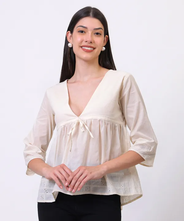 Cream_Cotton_Cutwork_Tie_Up_Empire_Waist_Top_For_Women