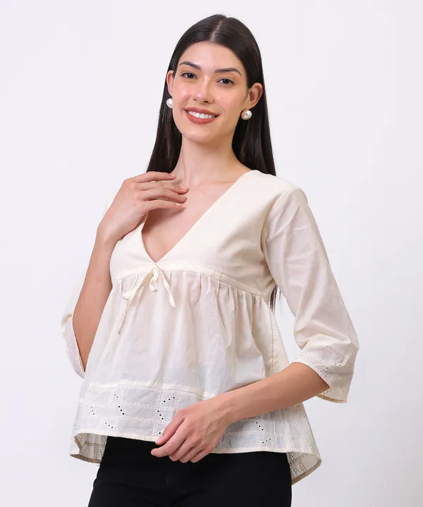 Cream_Cotton_Cutwork_Tie_Up_Empire_Waist_Top_For_Women