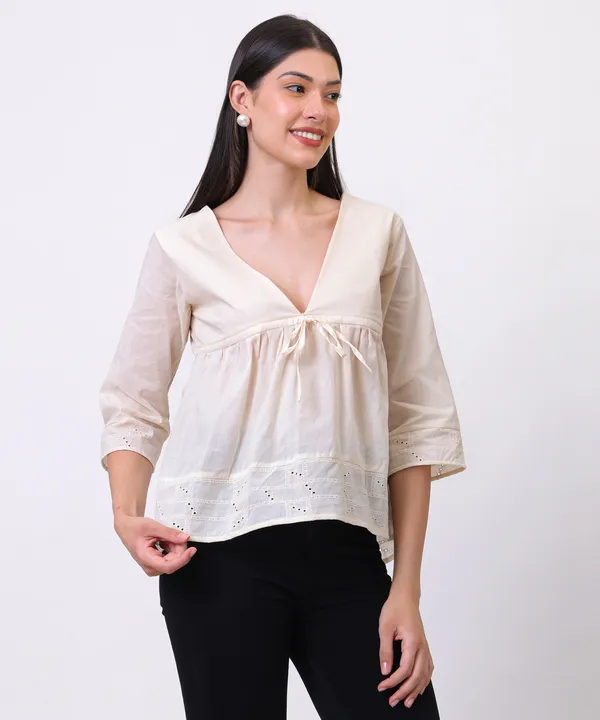 Cream_Cotton_Cutwork_Tie_Up_Empire_Waist_Top_For_Women
