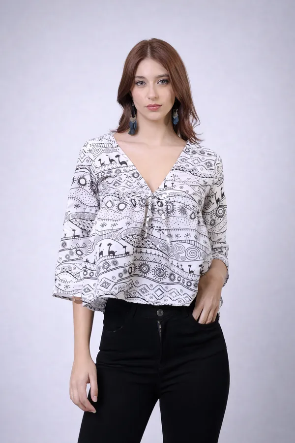 Black_And_White_Cotton_Slub_Doodle_Printed_Tie_Up_Empire_Waist_Top_For_Women