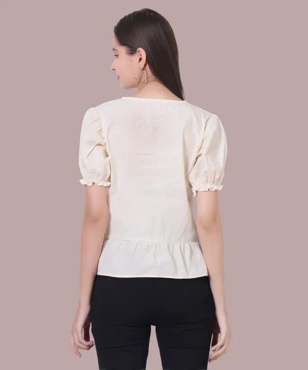 Stylish_Cream_Solid_Puff_Sleeve_Peplum_Top