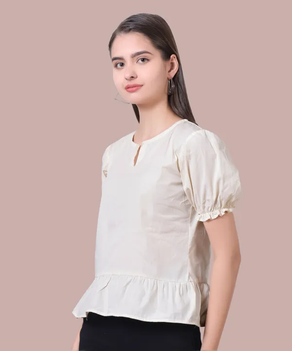 Stylish_Cream_Solid_Puff_Sleeve_Peplum_Top