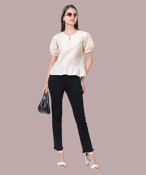 Stylish_Cream_Solid_Puff_Sleeve_Peplum_Top