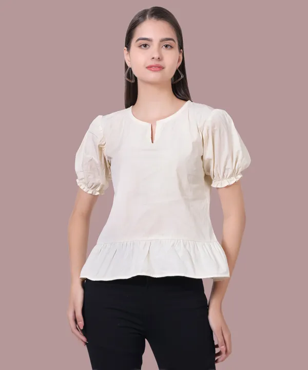 Stylish_Cream_Solid_Puff_Sleeve_Peplum_Top