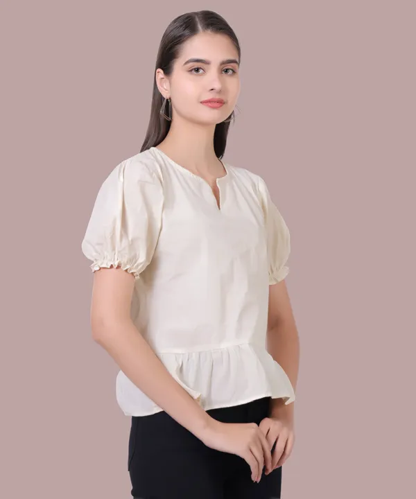 Stylish_Cream_Solid_Puff_Sleeve_Peplum_Top