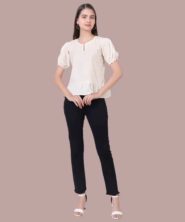 Stylish_Cream_Solid_Puff_Sleeve_Peplum_Top