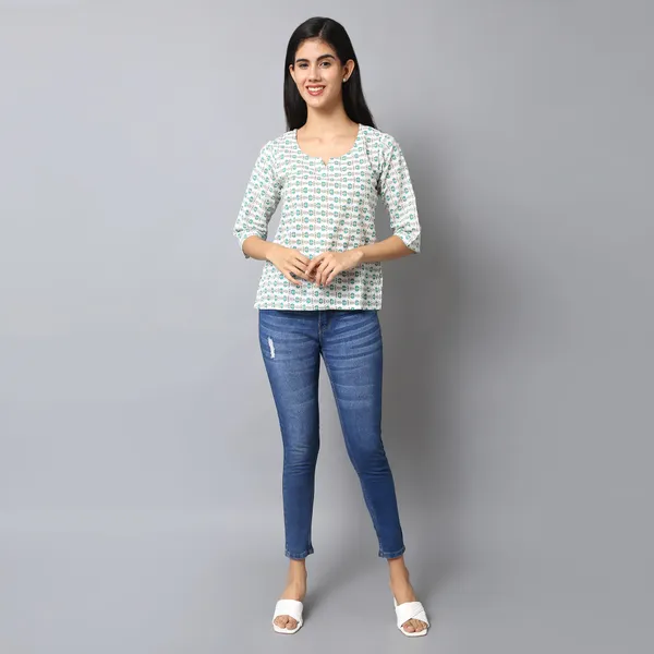 Green_And_White_Cotton_Floral_Printed_Regular_Short_Kurti_For_Women