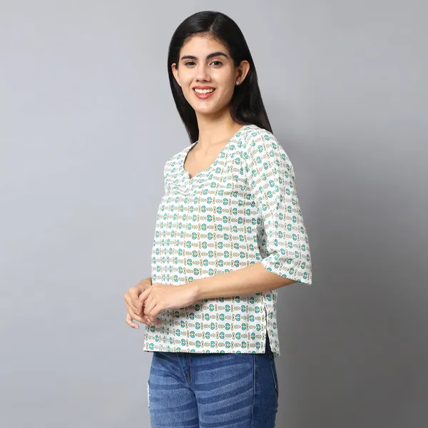Green_And_White_Cotton_Floral_Printed_Regular_Short_Kurti_For_Women
