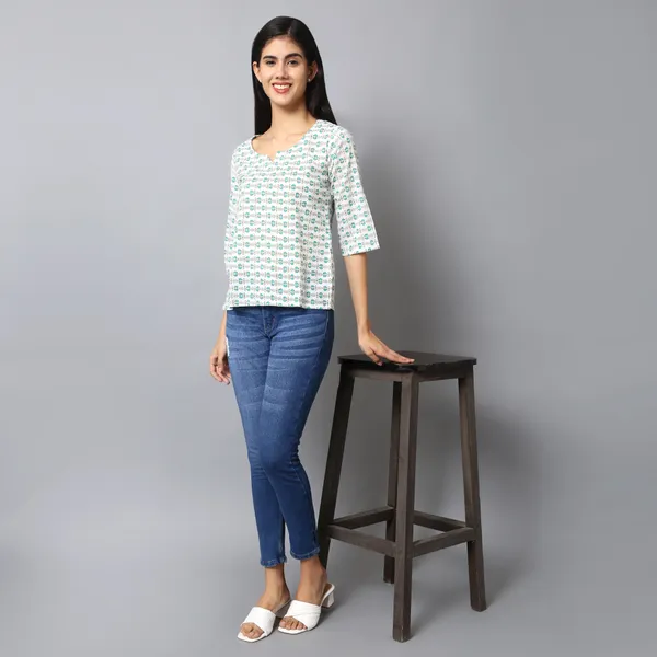 Green_And_White_Cotton_Floral_Printed_Regular_Short_Kurti_For_Women