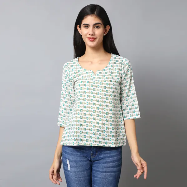 Green_And_White_Cotton_Floral_Printed_Regular_Short_Kurti_For_Women