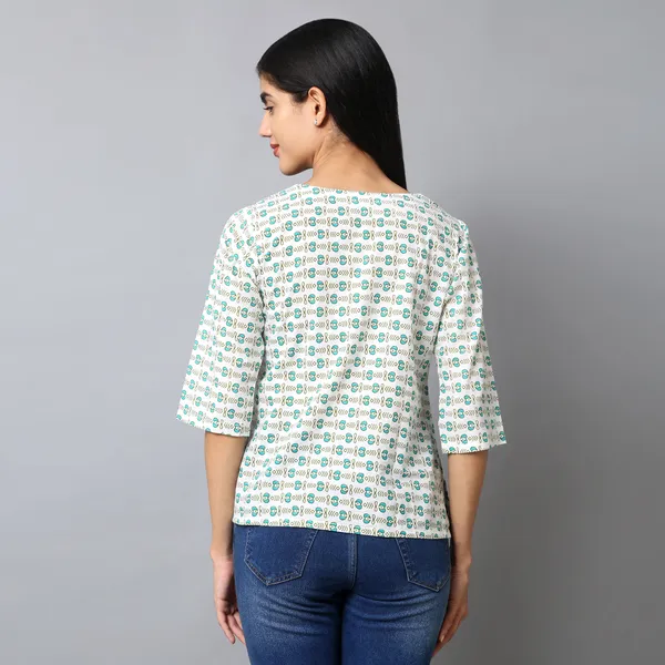 Green_And_White_Cotton_Floral_Printed_Regular_Short_Kurti_For_Women