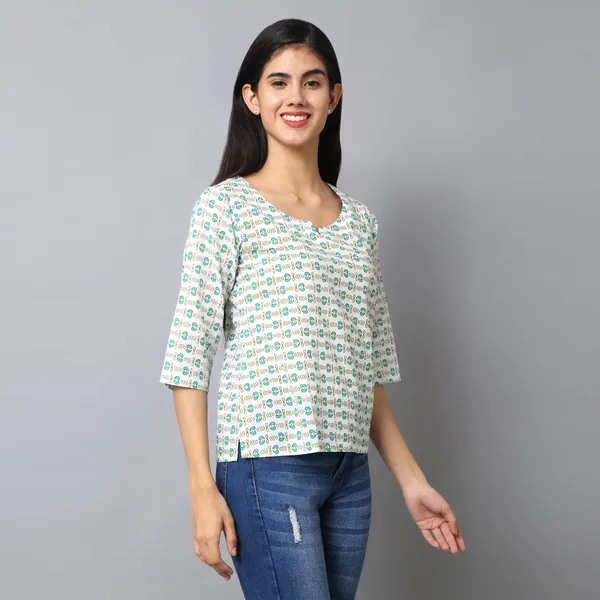 Green_And_White_Cotton_Floral_Printed_Regular_Short_Kurti_For_Women