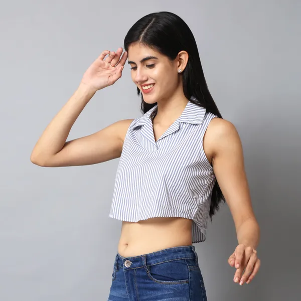 Royal_Blue_And_White_Cotton_Striped_Asymmetric_Hem_Shirt_Collar_Top_For_Women