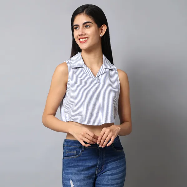 Royal_Blue_And_White_Cotton_Striped_Asymmetric_Hem_Shirt_Collar_Top_For_Women