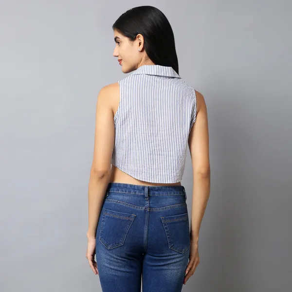 Royal_Blue_And_White_Cotton_Striped_Asymmetric_Hem_Shirt_Collar_Top_For_Women
