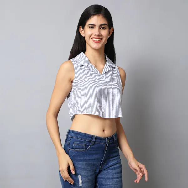 Royal_Blue_And_White_Cotton_Striped_Asymmetric_Hem_Shirt_Collar_Top_For_Women