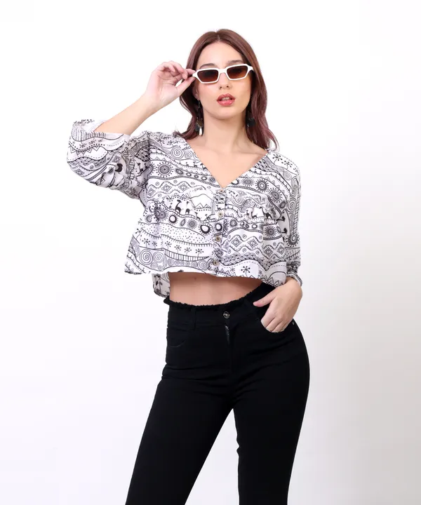 Black_And_White_Cotton_Slub_Doodle_Printed_V_Neck_Peplum_Top_For_Women