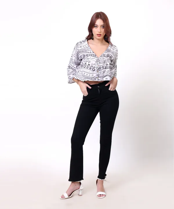 Black_And_White_Cotton_Slub_Doodle_Printed_V_Neck_Peplum_Top_For_Women