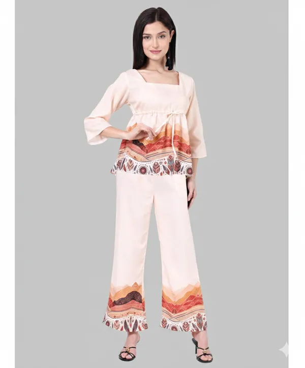 Beige_Cotton_Mountain_Tribal_Empire_Waist_Printed_Top_With_Trouser_Co_Ord_Set_For_Women