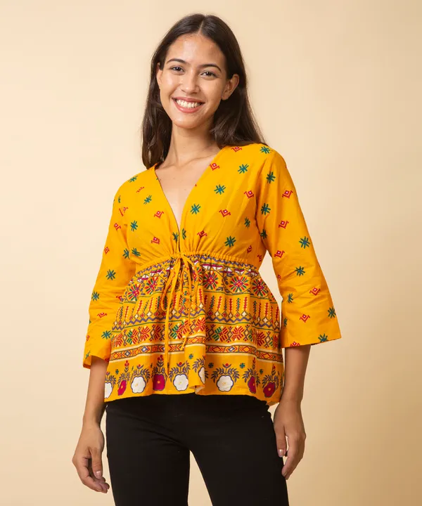 Mustard_Cotton_Bohemian_Printed_Tie_Up_Empire_Waist_Top_For_Women