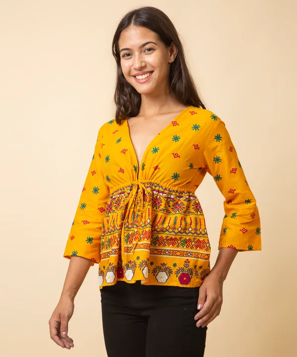 Mustard_Cotton_Bohemian_Printed_Tie_Up_Empire_Waist_Top_For_Women