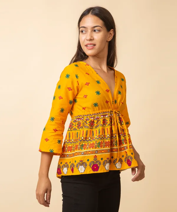 Mustard_Cotton_Bohemian_Printed_Tie_Up_Empire_Waist_Top_For_Women