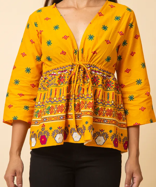 Mustard_Cotton_Bohemian_Printed_Tie_Up_Empire_Waist_Top_For_Women