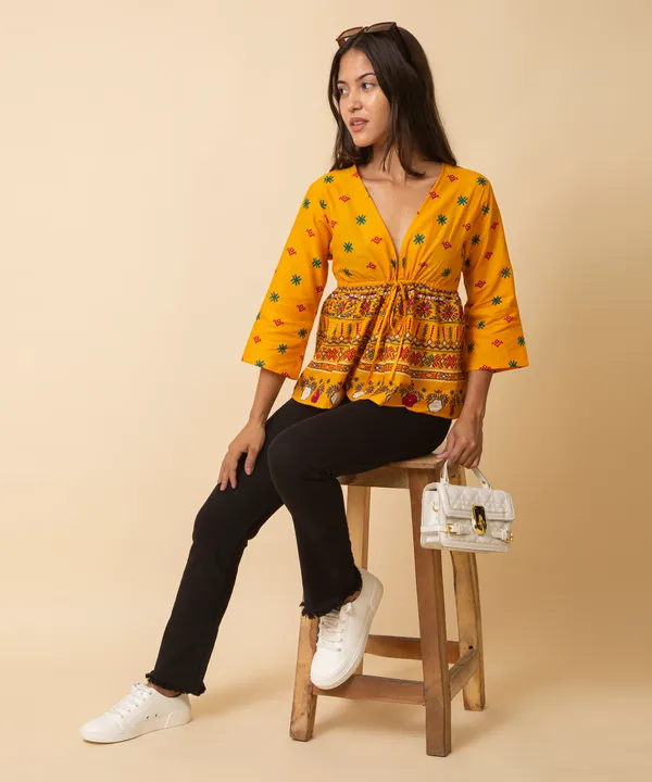 Mustard_Cotton_Bohemian_Printed_Tie_Up_Empire_Waist_Top_For_Women