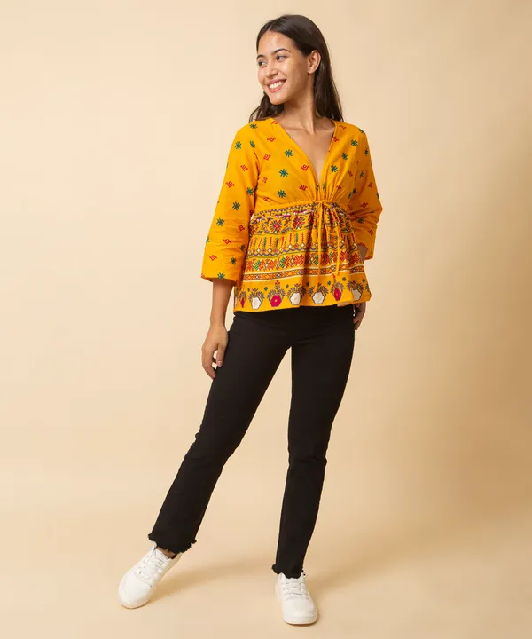Mustard_Cotton_Bohemian_Printed_Tie_Up_Empire_Waist_Top_For_Women