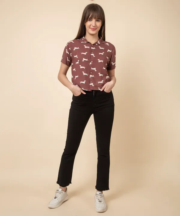 Brown_Rayon_Dog_Printed_Rayon_Casual_Shirt_For_Women