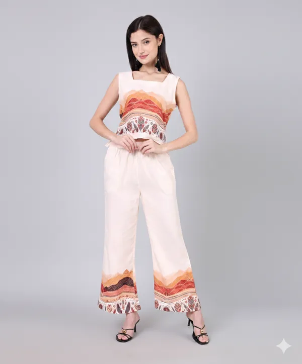 Beige_Cotton_Mountain_Tribal_Printed_Square_Neck_Top_With_Trouser_Co_Ord_Set_For_Women